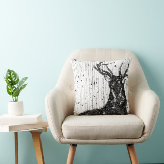 Trendy Stag Deer and Birch Tree Pillow