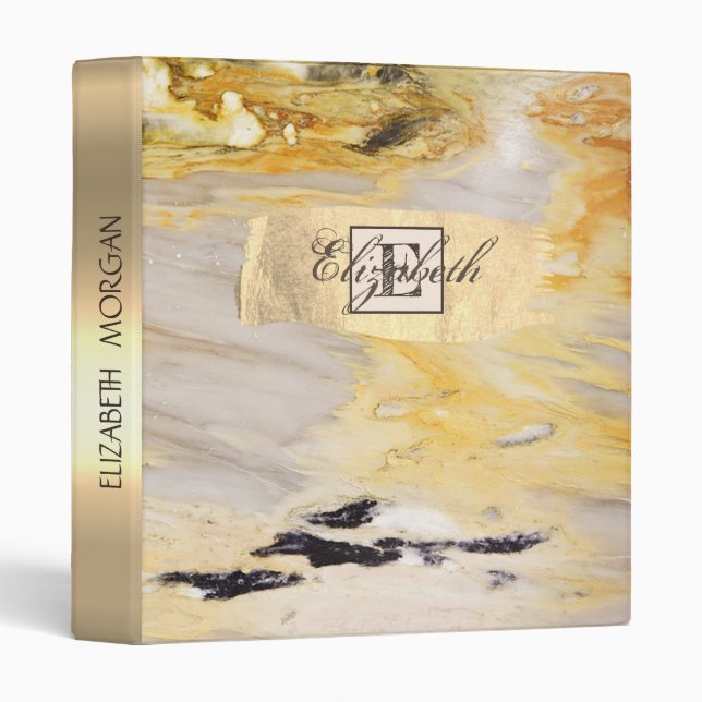 Trendy Stone Marble,Gold Brush Stroke, Monogram 3 Ring Binder (Front/Spine)