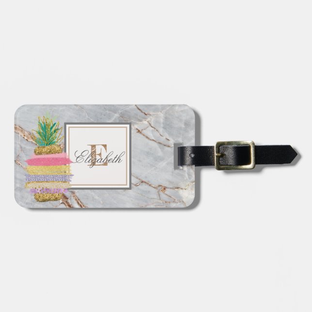 Trendy  Stone Marble Texture, Monogram Pineapple Luggage Tag (Front Horizontal)