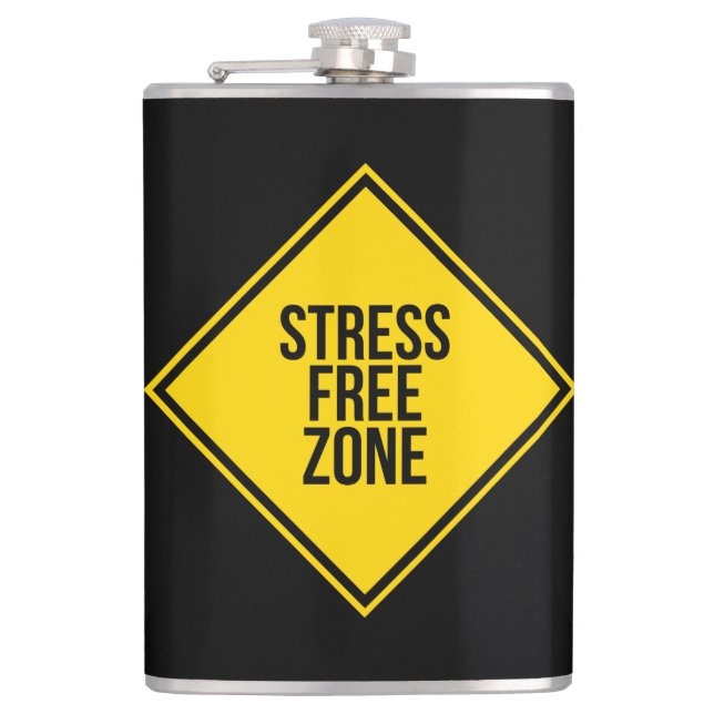 Trendy Stress Free Zone Quote Yellow Black Flask (Front)