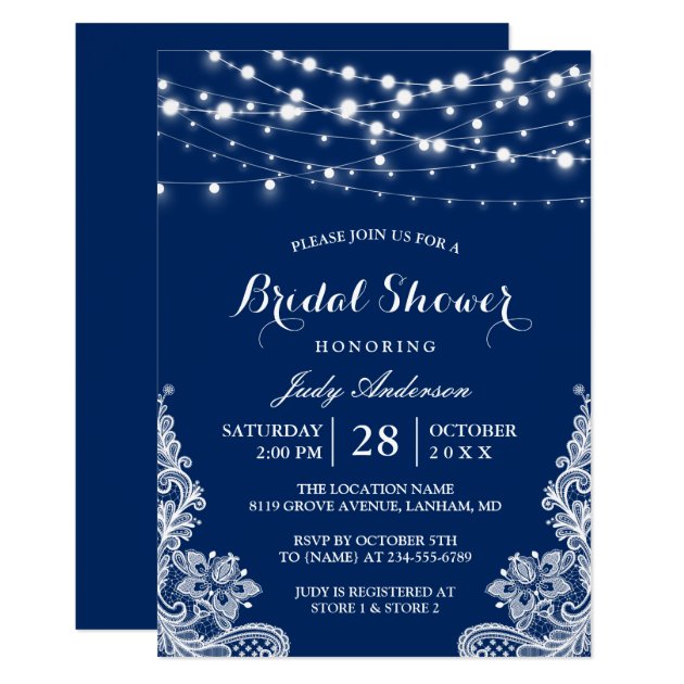 Trendy String Lights Lace Navy Blue Bridal Shower Invitation