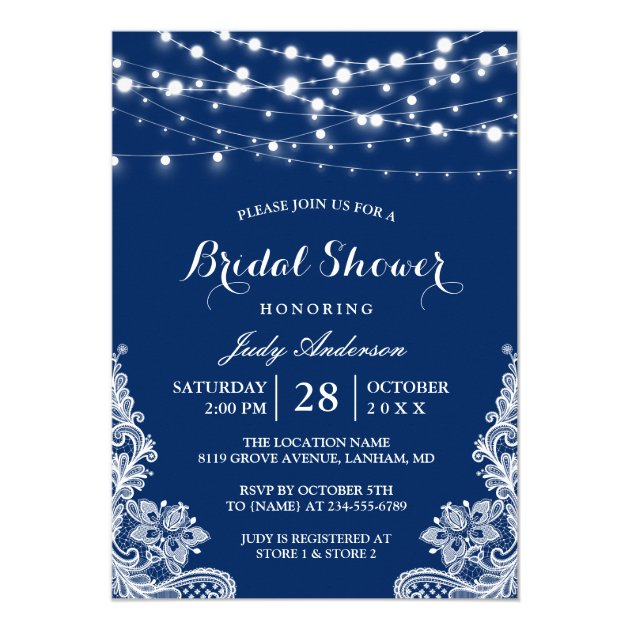 Trendy String Lights Lace Navy Blue Bridal Shower Invitation