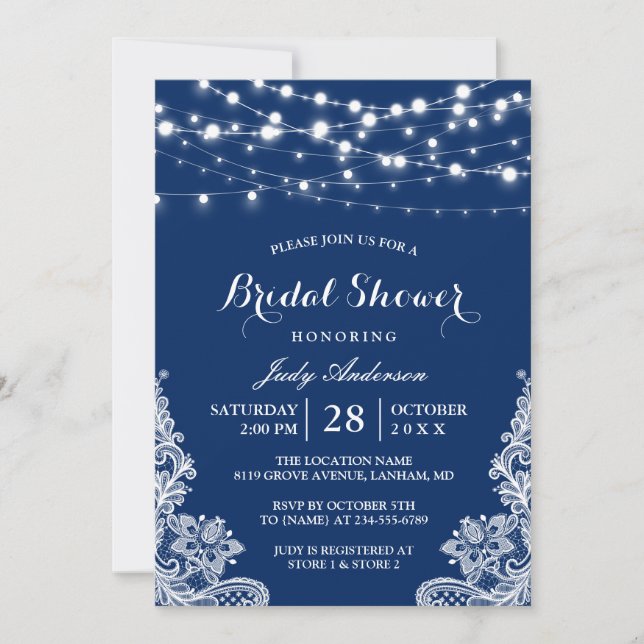 Trendy String Lights Lace Navy Blue Bridal Shower Invitation (Front)