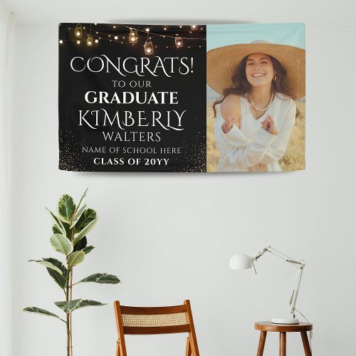 Trendy String Lights Photo Graduation Party Banner
