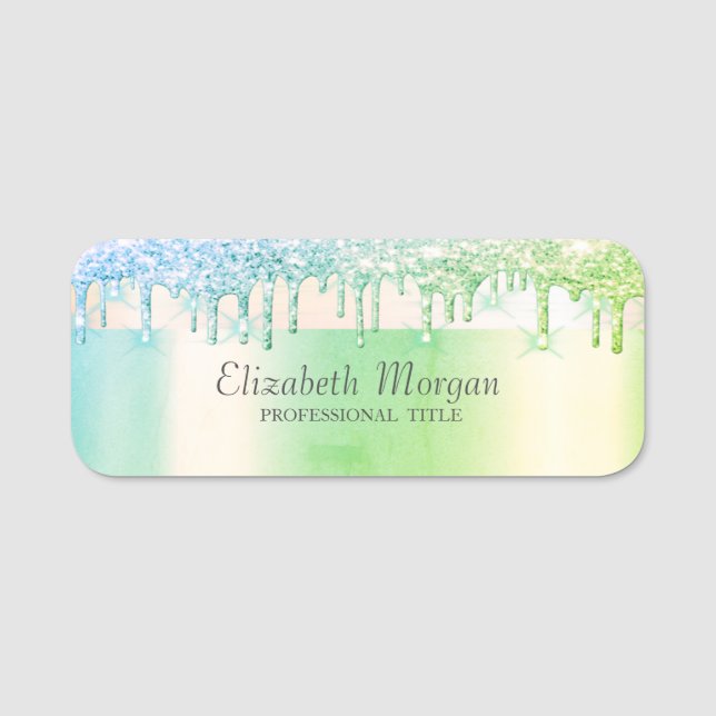 Trendy, Stripe Glitter Drips Green Name Tag (Front)