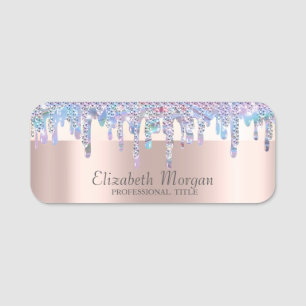 Trendy, Stripe Holographic Drips,Rose Gold Name Tag