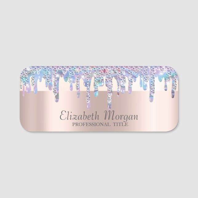 Trendy, Stripe Holographic Drips,Rose Gold Name Tag (Front)