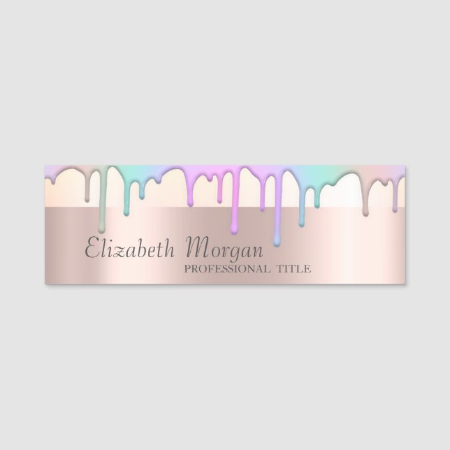 Trendy, Stripe,Rainbow Drips,Rose Gold  Name Tag (Front)
