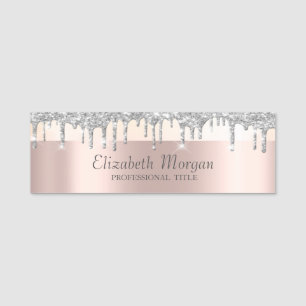 Trendy, Stripe,Silver Glitter Drips,Rose Gold Name Tag