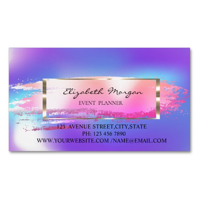Trendy Striped,Brush Stroke,Gold Frame Holographic Business Card Magnet (Front)