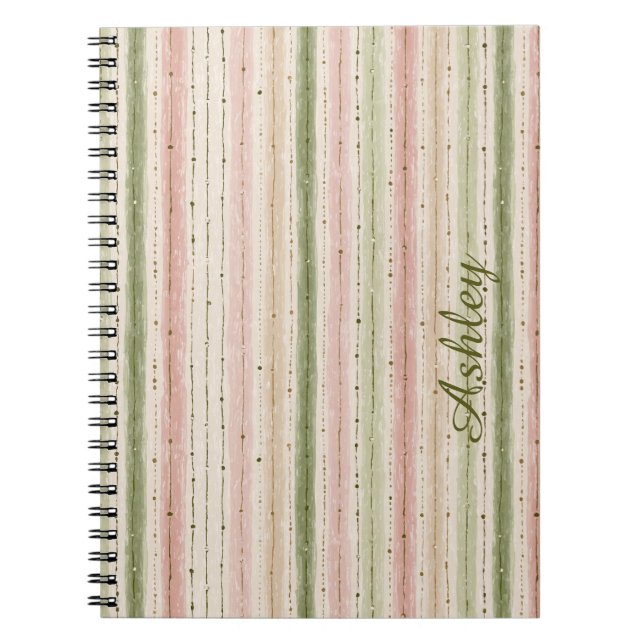 Trendy Striped Pink Green Monogram Notebook (Front)