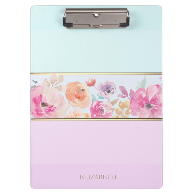 Trendy Striped,Watercolor Flowers-Personalized Clipboard (Front)