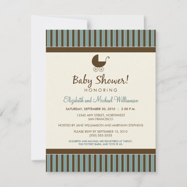 Trendy Stripes Baby Shower Invitation (blue/brown) (Front)