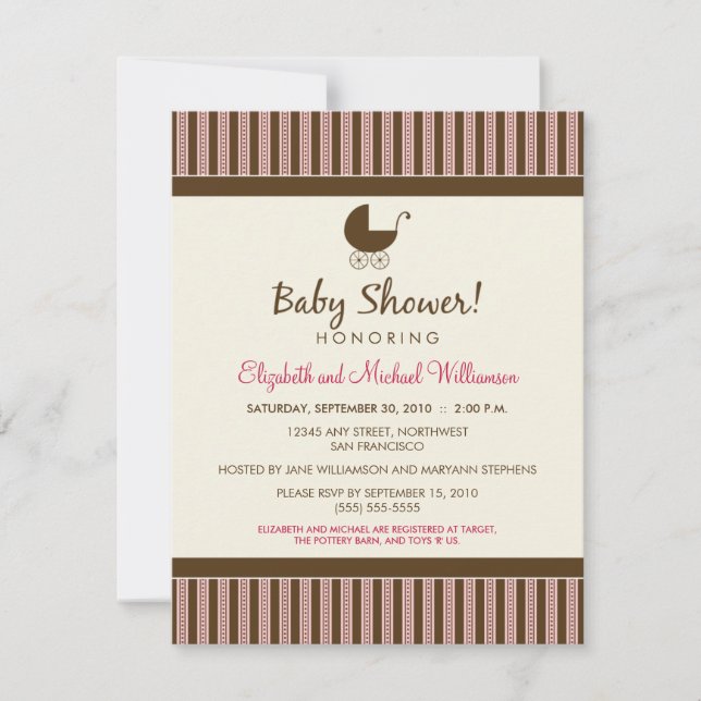 Trendy Stripes Baby Shower Invitation (pink/brown) (Front)