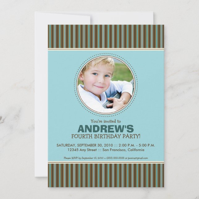 Trendy Stripes Boy's Blue Birthday Party Invite (Front)