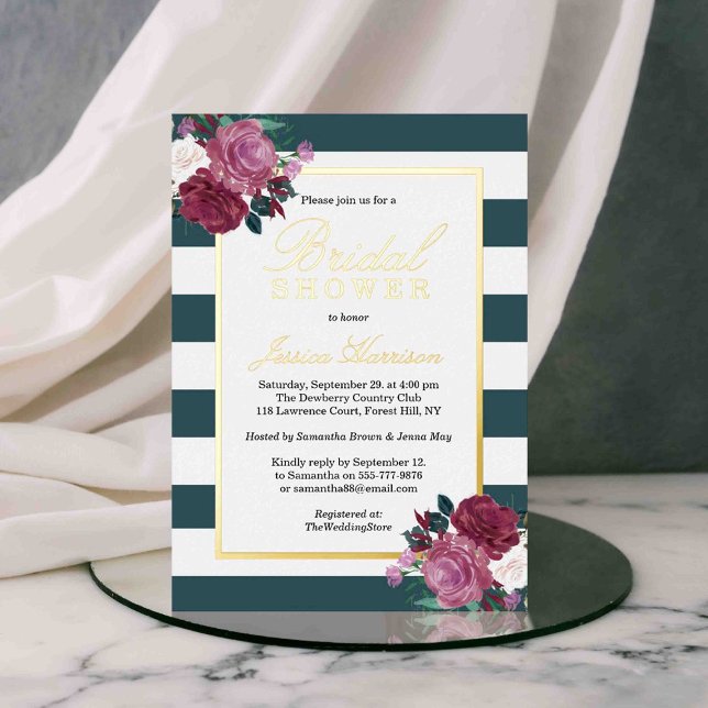 Trendy Stripes Floral Bridal Shower Real Foil Invitation (Creator Uploaded)