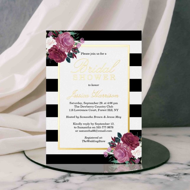 Trendy Stripes Floral Bridal Shower Real Foil Invitation (Creator Uploaded)