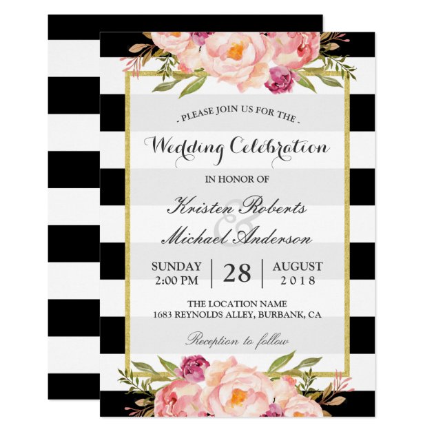 Trendy Stripes Floral Gold Wedding Celebration Invitation