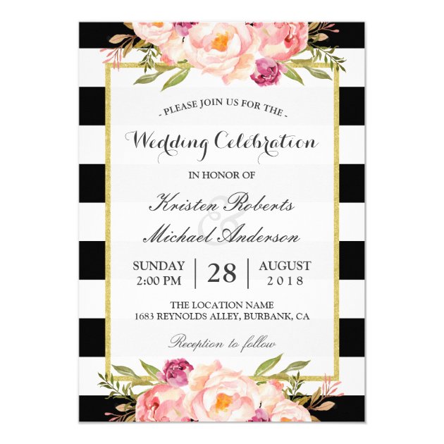 Trendy Stripes Floral Gold Wedding Celebration Invitation