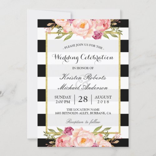 Trendy Stripes Floral Gold Wedding Celebration Card