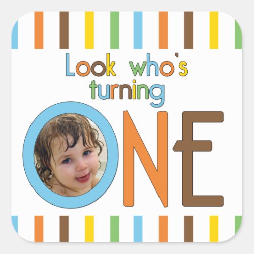 Trendy Stripes Look Whos Turning One Square Sticker