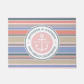 Trendy Stripes Monogram Anchor Pink Nautical Beach Doormat by BCMonogramMe at Zazzle