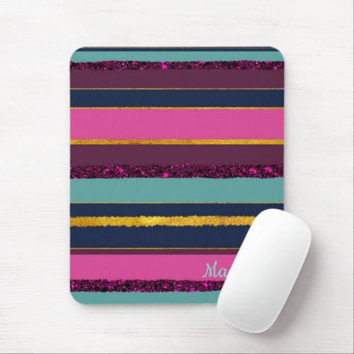 Trendy stripes monogram mint purple design mouse pad