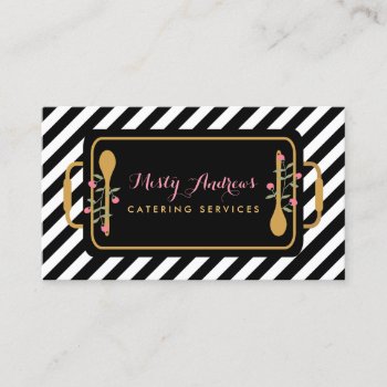 Trendy Stripes Party Caterer Floral Serving Tray Business Card by GirlyBusinessCards at Zazzle
