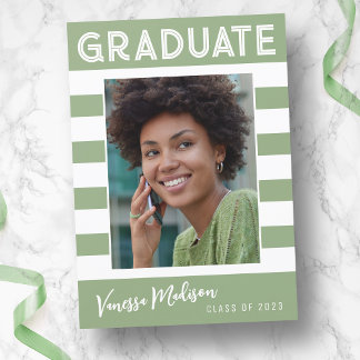 Trendy Stripes Simple Retro Graduate Photo Green Announcement