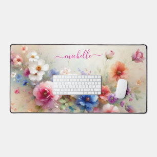 Trendy Stylish Aquarell Flowers Custom Name Desk Mat
