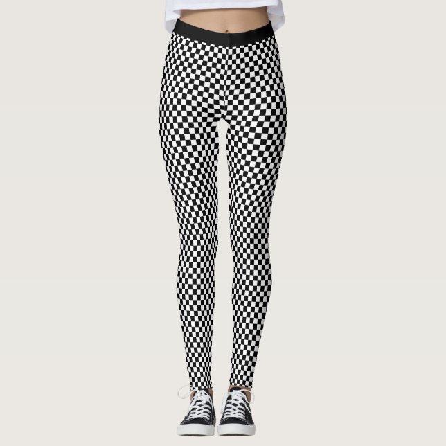 Trendy Stylish Black White Checker Pattern Yoga Leggings (Front)