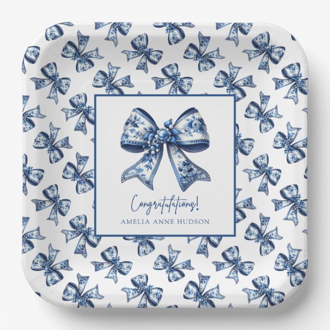 Trendy Stylish Blue Floral Bows Graduation Party Paper Plates (Front)