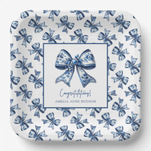 Trendy Stylish Blue Floral Bows Graduation Party Paper Plates