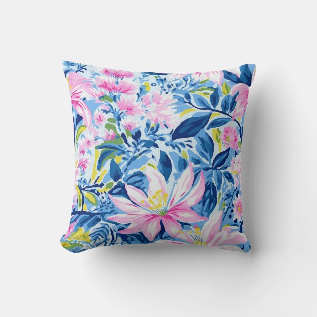 Trendy Stylish Blue Pink Lilly Floral Pattern  Throw Pillow (Front)