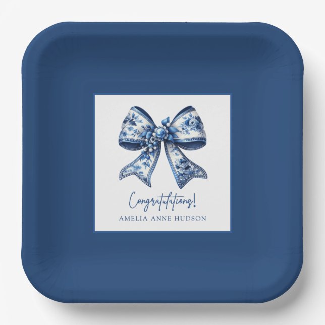 Trendy Stylish Bow Blue Graduation Party Paper Plates (Front)