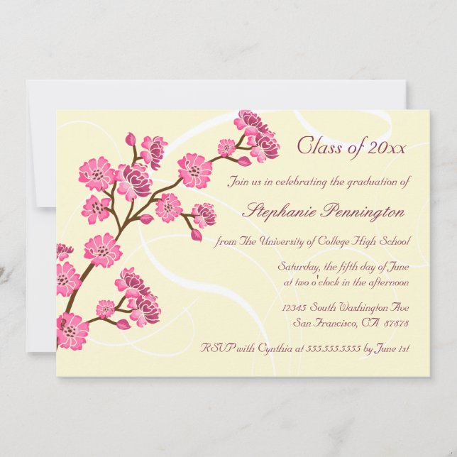 Trendy stylish cherry blossom graduation party invitation (Front)