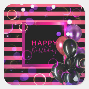 Trendy Stylish Chic Pink And Black Happy Birthday Square Sticker
