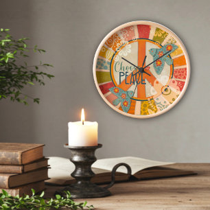 Trendy Stylish Choose Peace Quote Retro Folk Clock