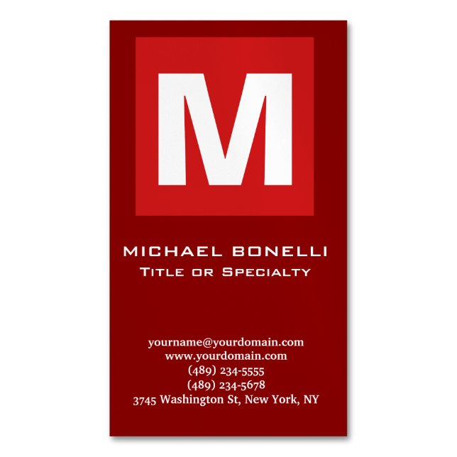 Trendy stylish dark red white monogram classical business card magnet (Front Vertical)