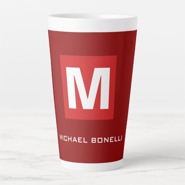 Trendy stylish dark red white monogram your name latte mug (Front)