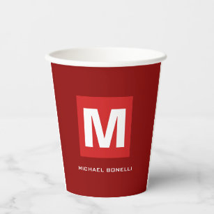 Trendy stylish dark red white monogram your name paper cups