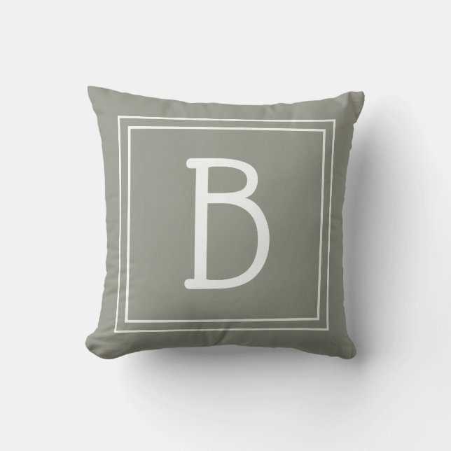 Trendy Stylish Framed Monogram Green White Initial Throw Pillow (Front)