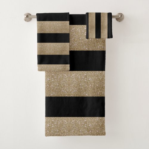 trendy stylish geometric black and gold stripes bath towel set