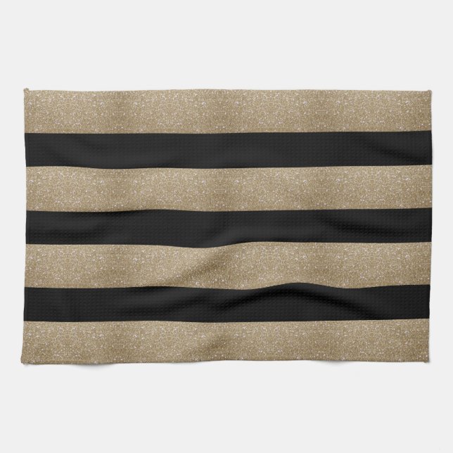 trendy stylish geometric black and gold stripes kitchen towel (Horizontal)