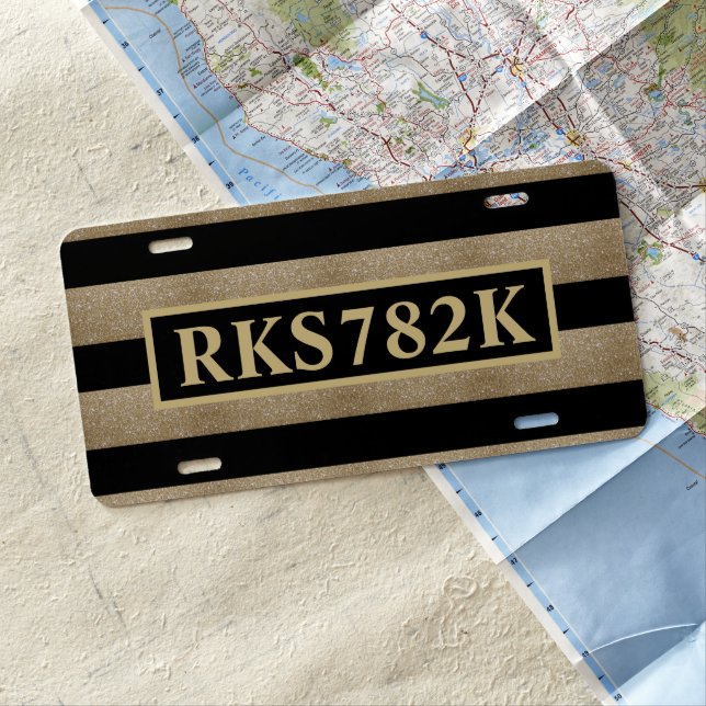 trendy stylish geometric black and gold stripes license plate (In Situ)