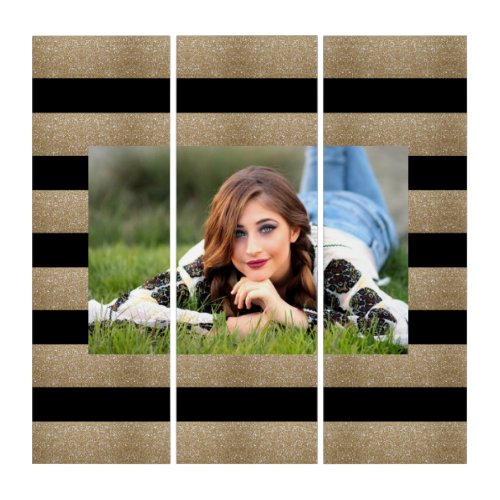 trendy stylish geometric black and gold stripes triptych