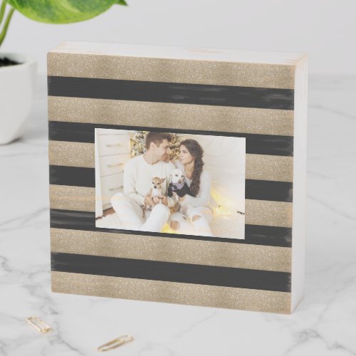 trendy stylish geometric black and gold stripes wooden box sign