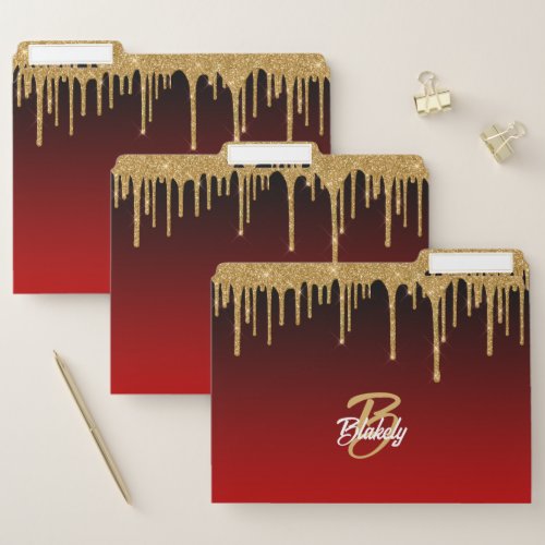 Trendy Stylish Gold Red Glitter Drip Monogram File Folder