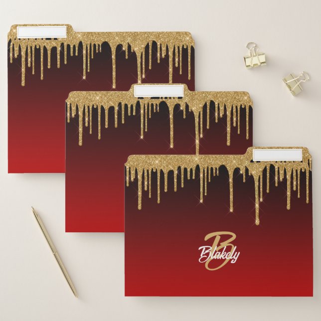 Trendy Stylish Gold Red Glitter Drip Monogram File Folder (Set)