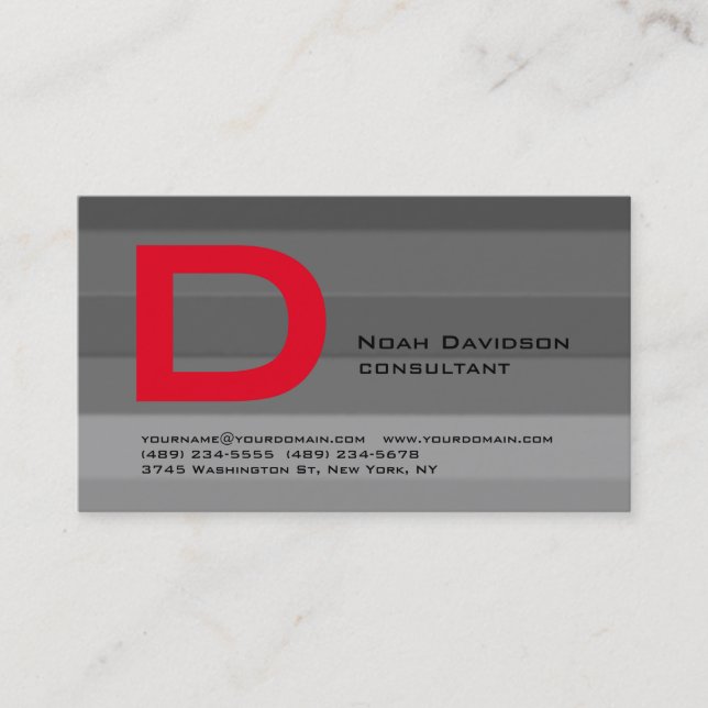 Trendy Stylish Grey Red Monogram Professional Business Card (Front)